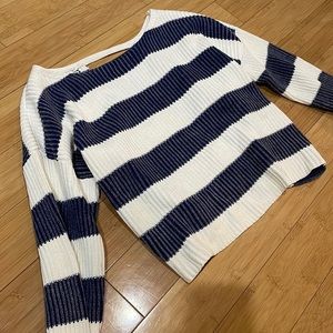 Black page size small Navy/cream stripe open back sweater.